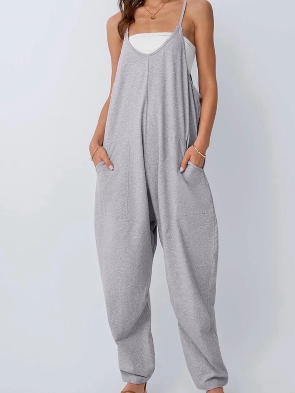 Women's Relaxed Light Gray Spaghetti-Strap Jumpsuit